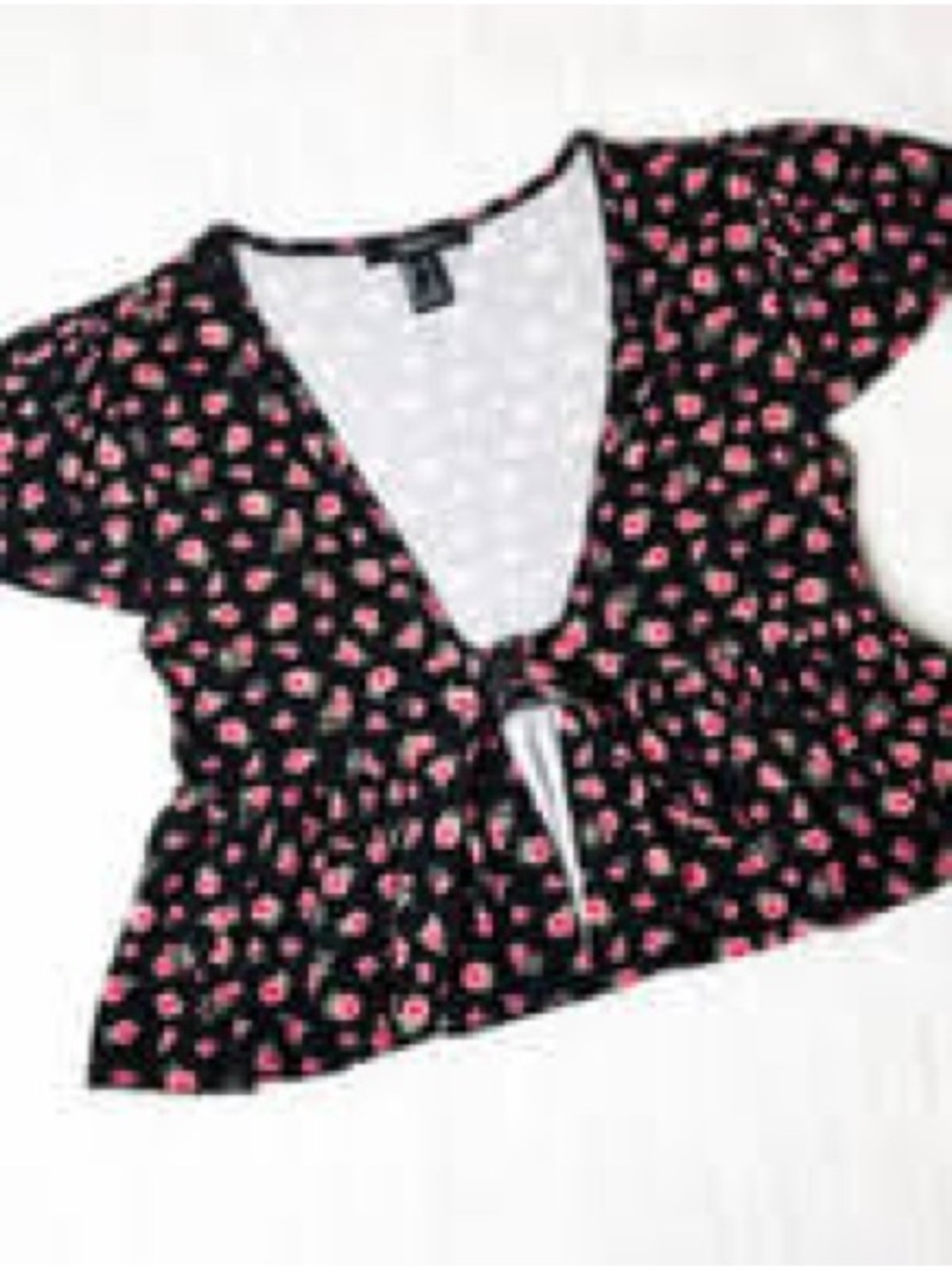 Forever 21 Black and Pink Crop Blouse with Tie Front